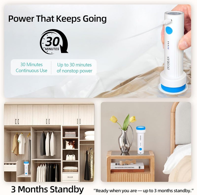 DUORAN Cordless Electric Vacuum Pump for Vacuum Storage Bags Travel Air Pump, Portable USB Rechargeable Seal & Compression Bag Pump for Clothes, Blankets & Bedding (Storage Bags Not Included) - Image 4